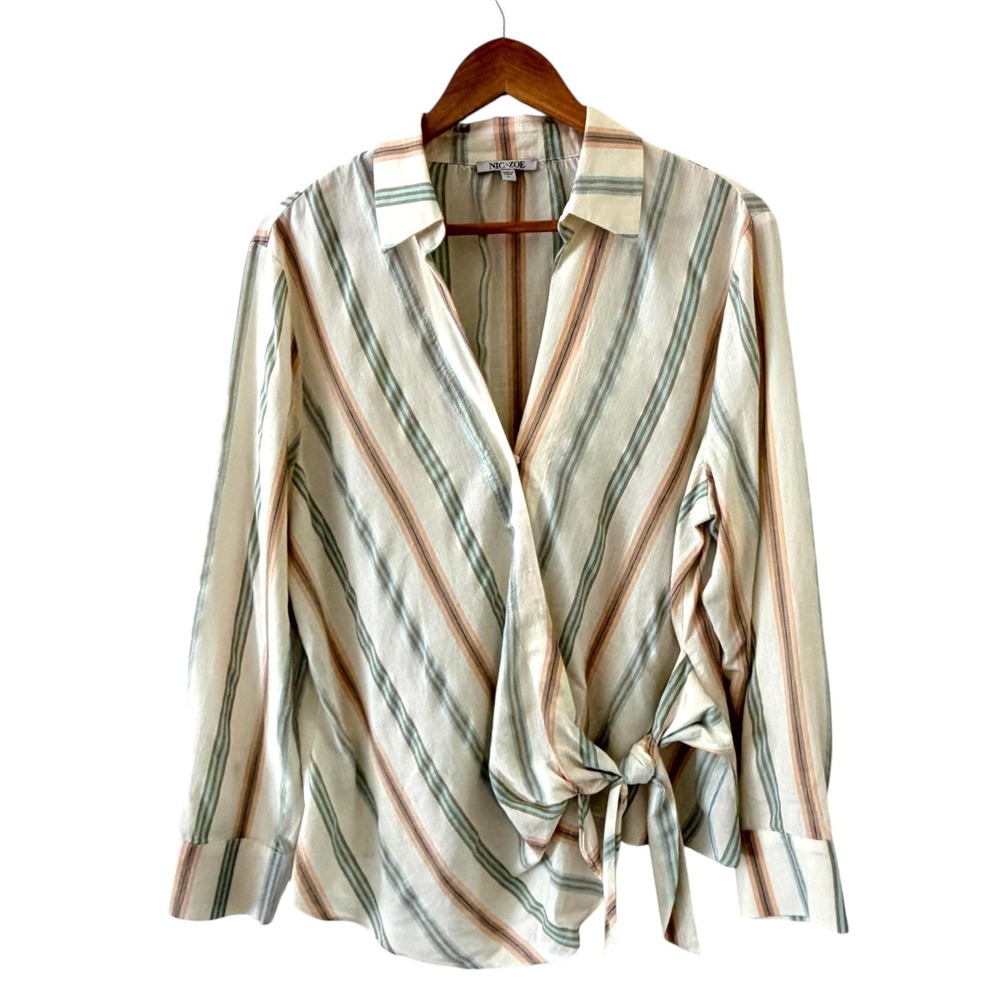 NIC+ZOE Striped Tie Front Wrap Blouse Womens L Beige Striped Hemp Collar Classic